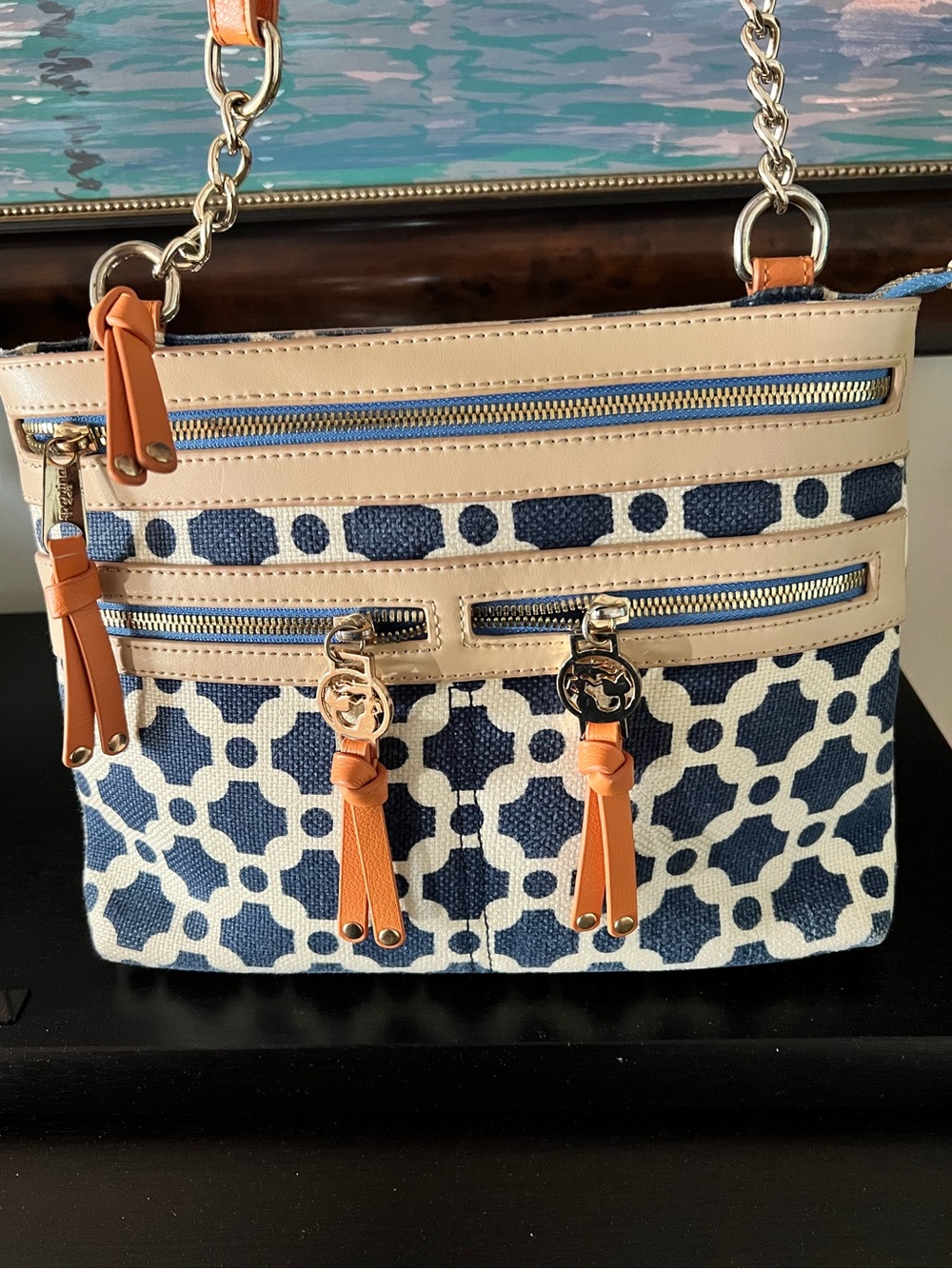 Spartina 449 Navy & Cream Printed Crossbody with Tan Leather Trim